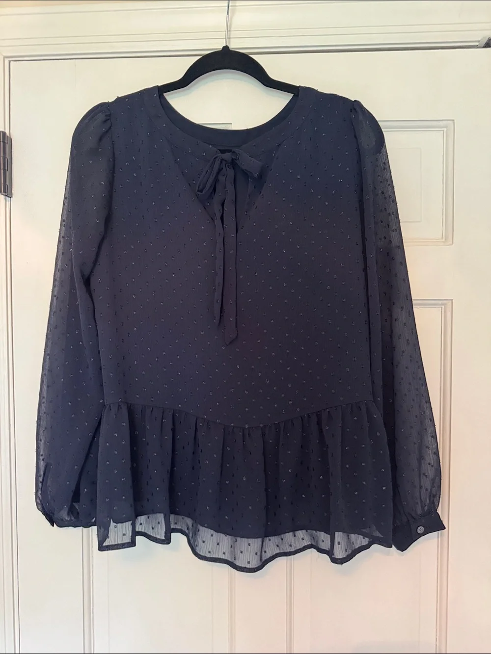 LOFT Navy Sheer Swiss Dot Peplum Blouse